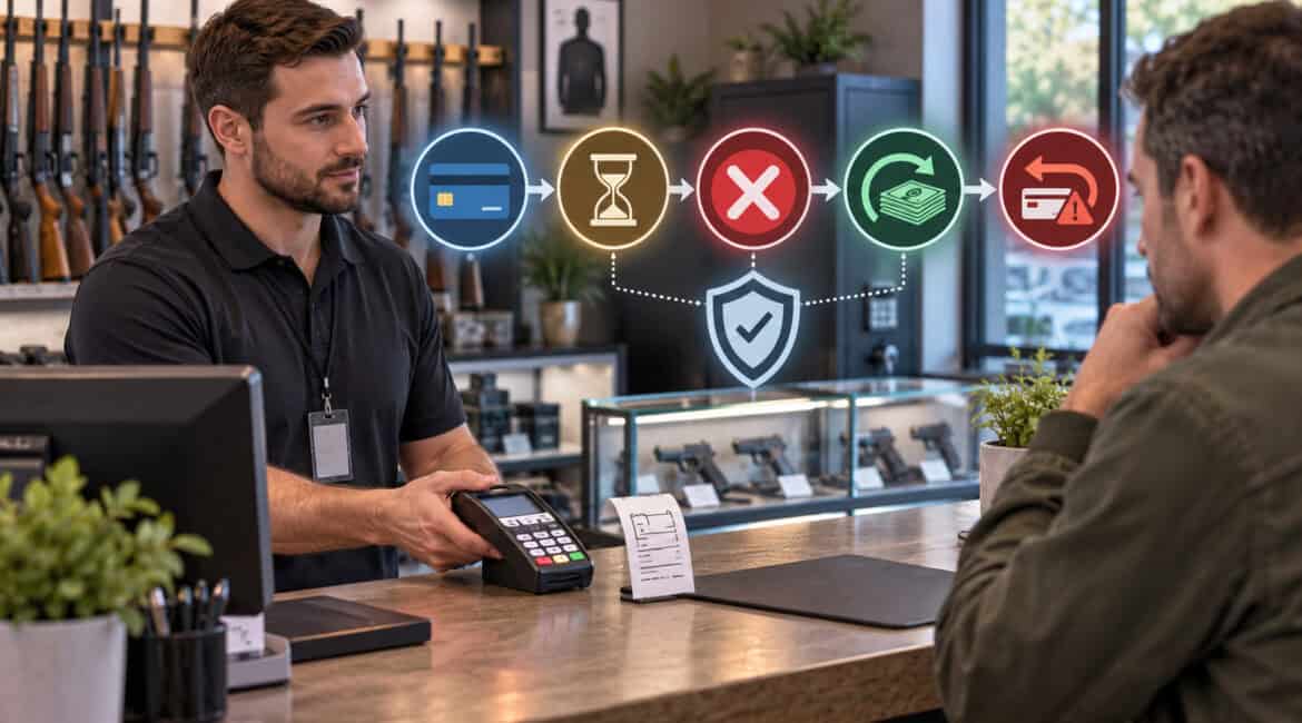 Gun store payment workflow for NICS delay, denial, refund, and chargeback handling