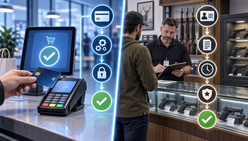 Payment approval and firearm transfer approval shown as separate workflows