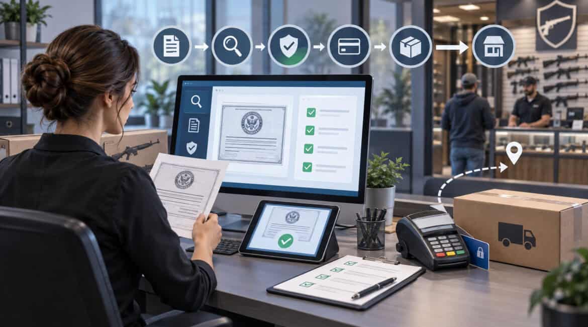 FFL license verification and secure payment workflow before firearm shipment